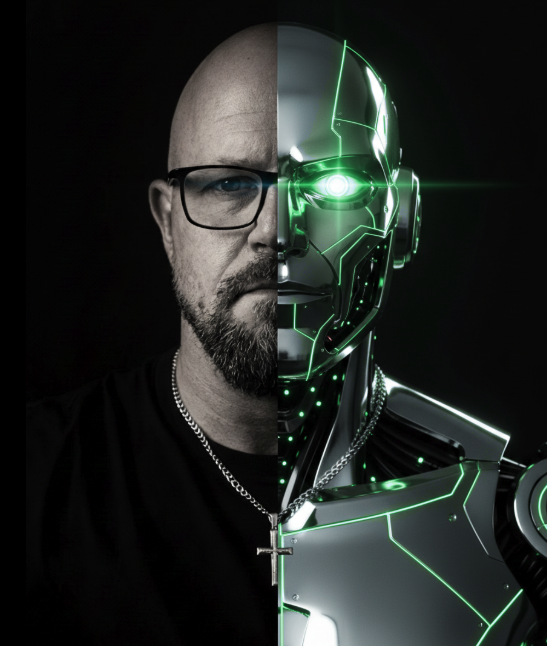Nick Fisher - half human, half AI cyborg portrait